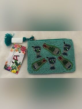 Express edit Teal handcrafted Beaded Champagne bottle pouch/wallet & Tassel NWT